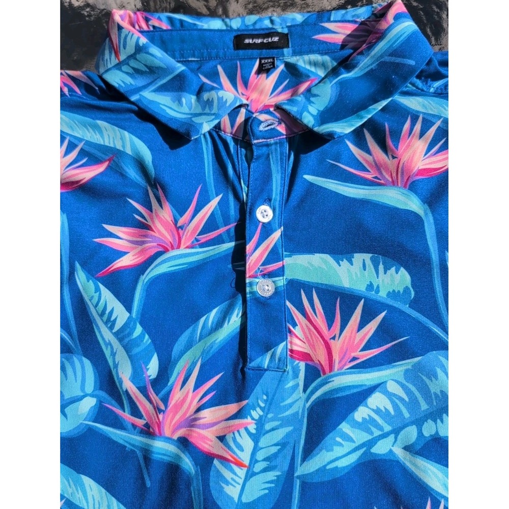 Sz XXXL Surf Cuz Blue  Floral Hawaiian Polo Style Shirt  Polyester Spandex EUC